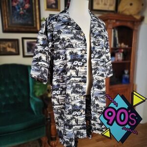 Anchor Blue Hawaiian Shirt Vintage 90s Mens Blue Brown Tropical Button Up Large